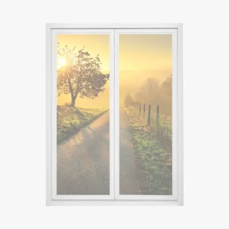 Fensteraufkleber sonnenbeschienener landweg durch die morgenwiese – Pixers®