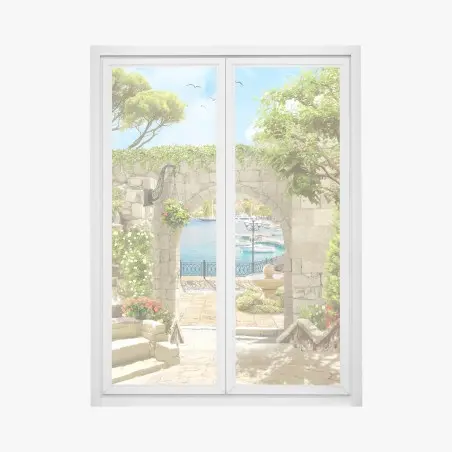 Fensteraufkleber mediterraner blick durch eine arkade – Pixers®