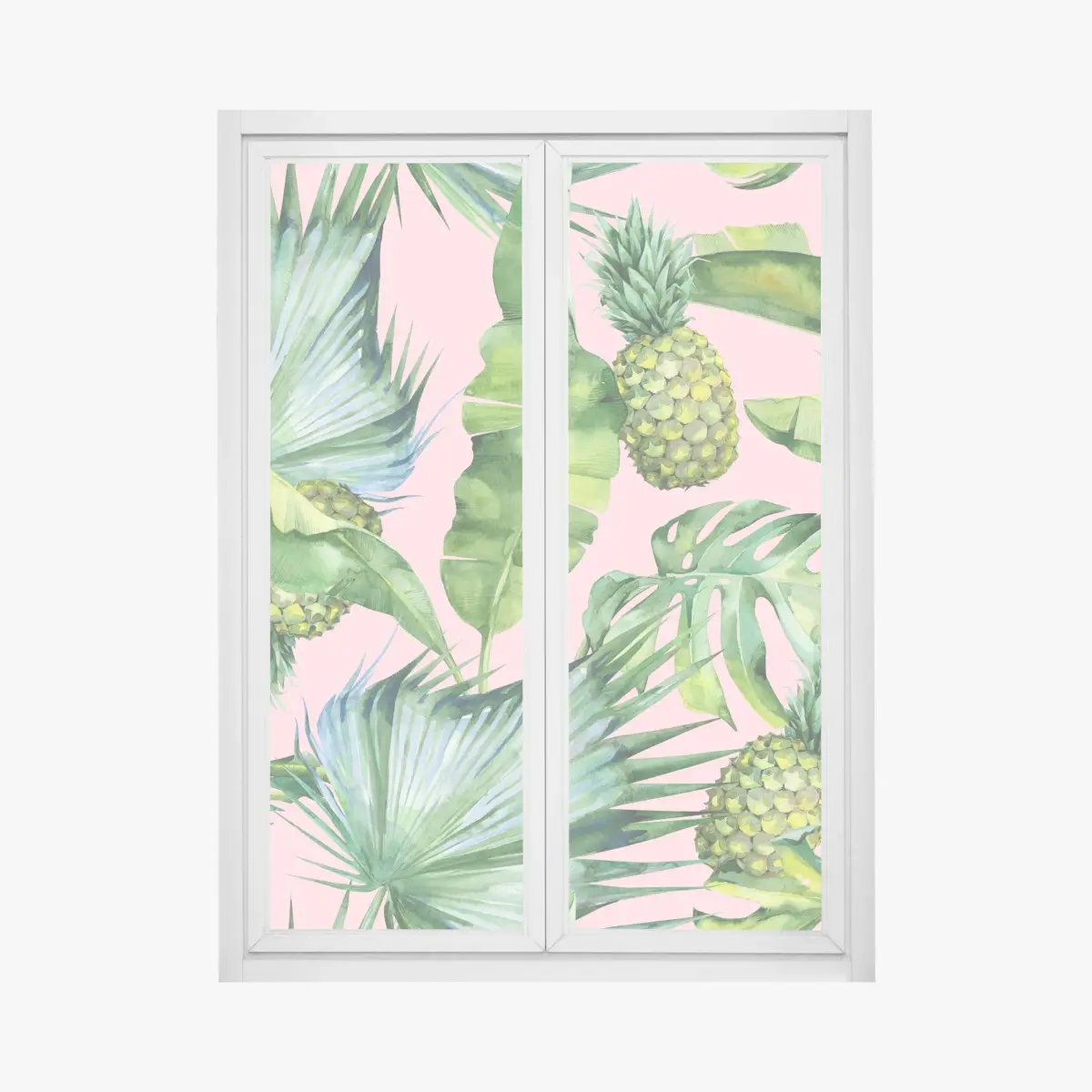 Fensteraufkleber tropisches ananas- und blattmuster in aquarell auf rosa hintergrund – Pixers®