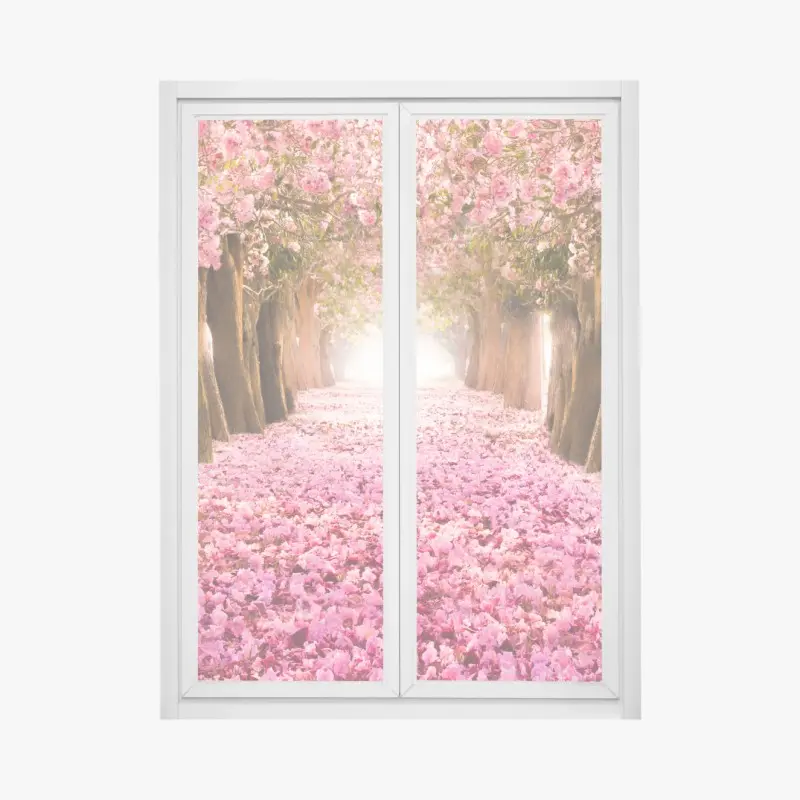 Fensteraufkleber rosa blütenallee unter kirschbäumen