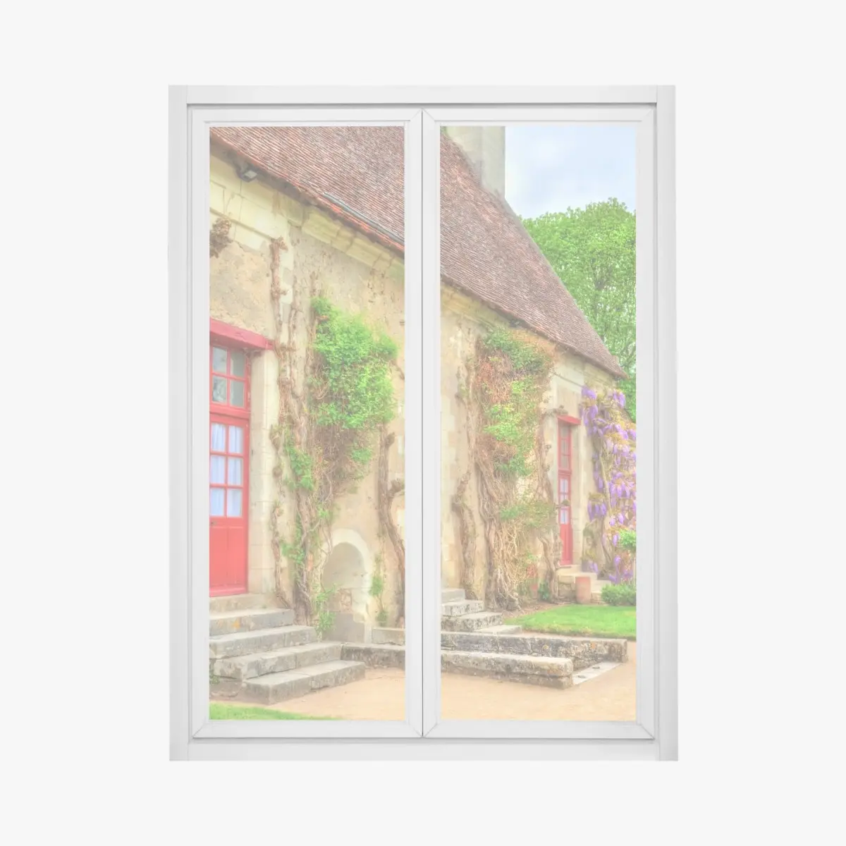 Fensteraufkleber reizendes landhaus mit blühender glyzinie – Pixers®