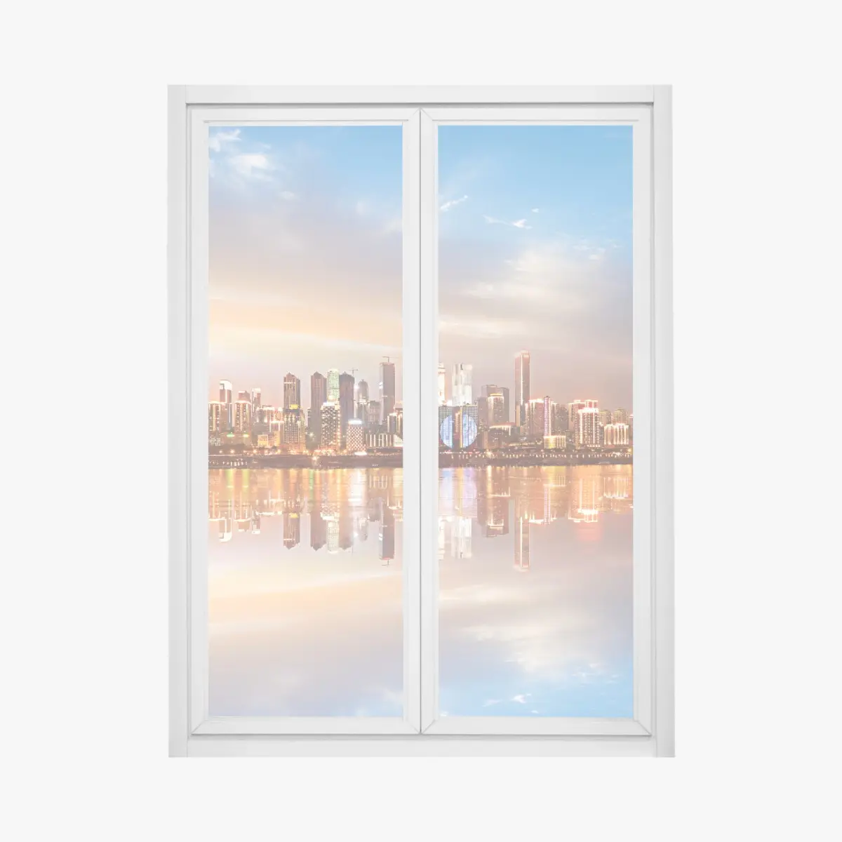Fensteraufkleber stadtsilhouette im spiegelbild bei dämmerung – Pixers®