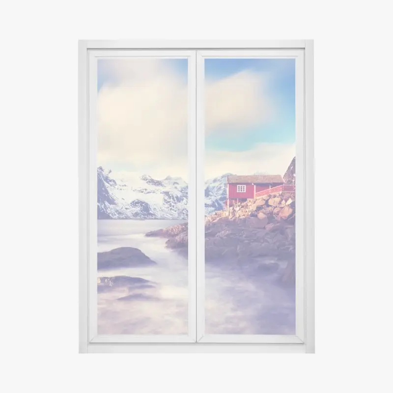 Fensteraufkleber küstengebirge mit roten hütten
