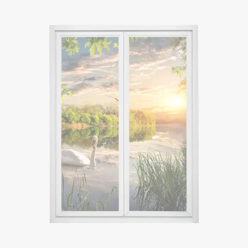Fensteraufkleber sonnenuntergang mit schwan auf stillem see