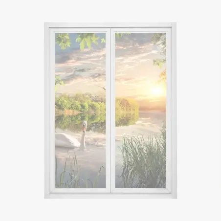 Fensteraufkleber sonnenuntergang mit schwan auf stillem see – Pixers®
