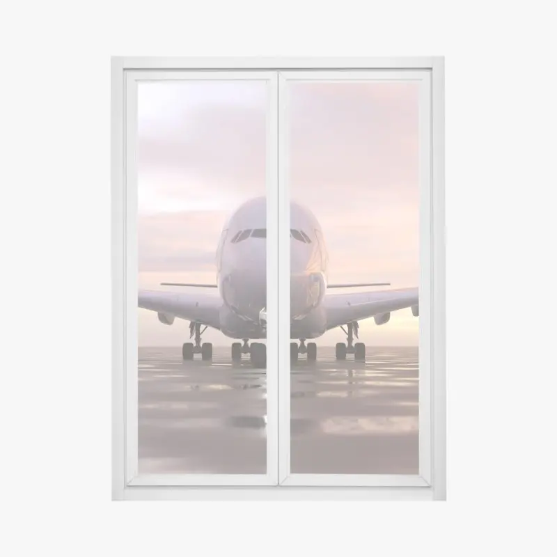 Fensteraufkleber jet auf der startbahn bei sonnenuntergang