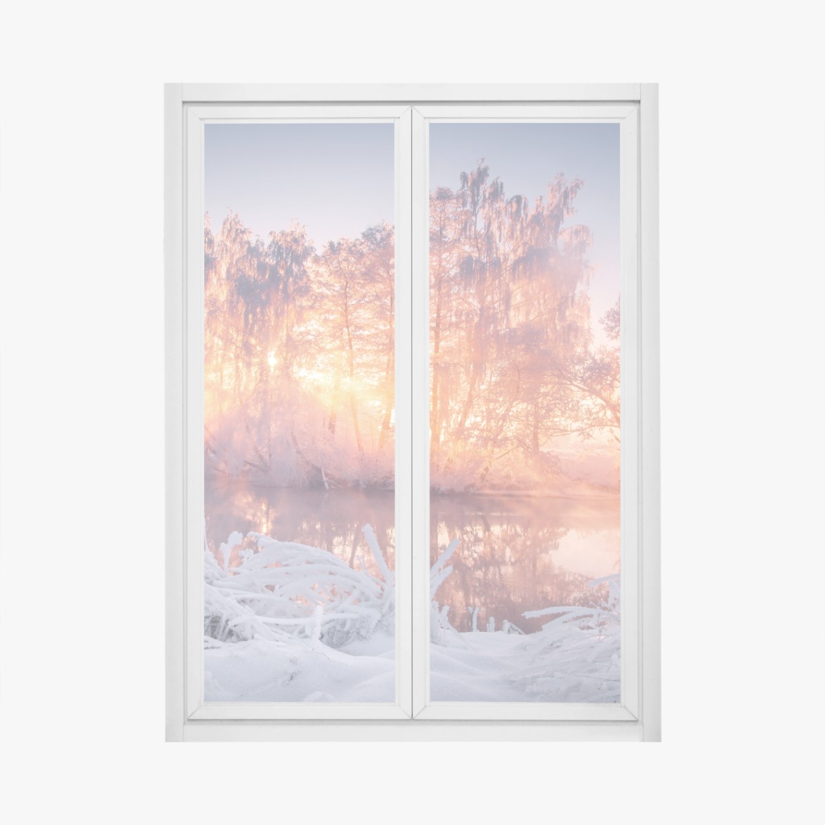 Fensteraufkleber winterlicher sonnenaufgang über zugefrorenem fluss – Pixers®