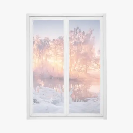 Fensteraufkleber winterlicher sonnenaufgang über zugefrorenem fluss – Pixers®