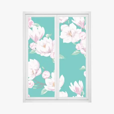 Fensteraufkleber pastell magnolienmuster auf türkisfarbenem hintergrund – Pixers®