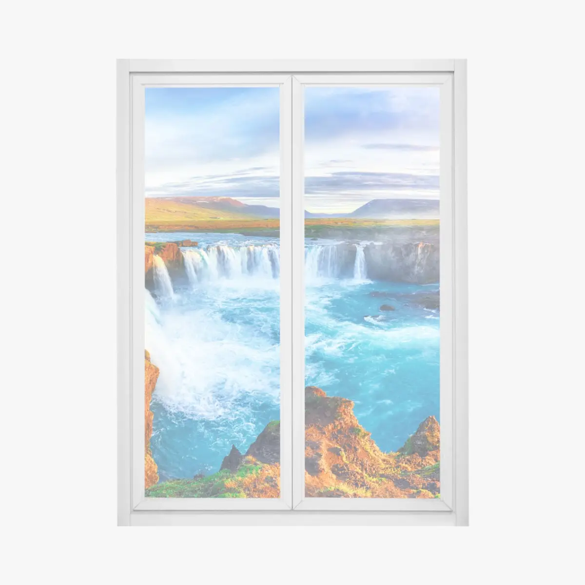 Fensteraufkleber panorama des wasserfalls Godafoss bei sonnenaufgang – Pixers®