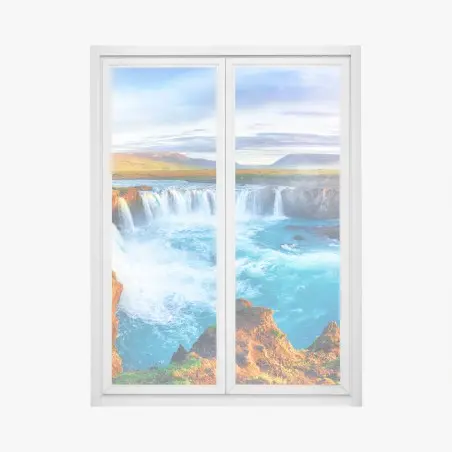 Fensteraufkleber panorama des wasserfalls Godafoss bei sonnenaufgang – Pixers®