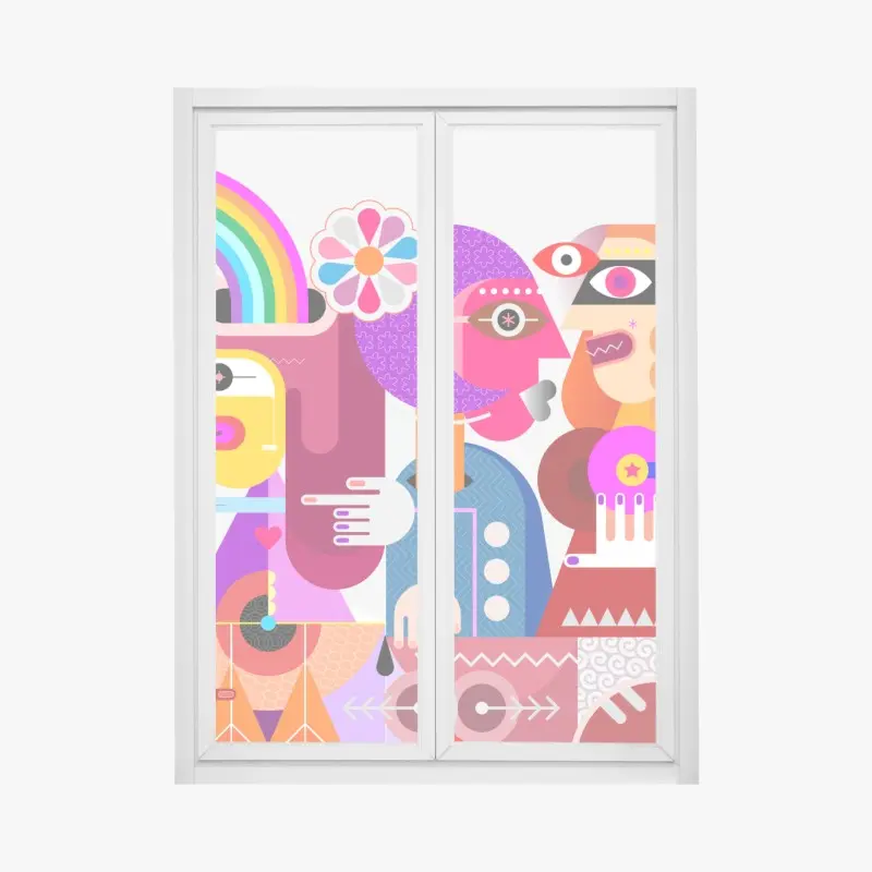 Fensteraufkleber mann mit regenbogen reitet geometrischen vogel