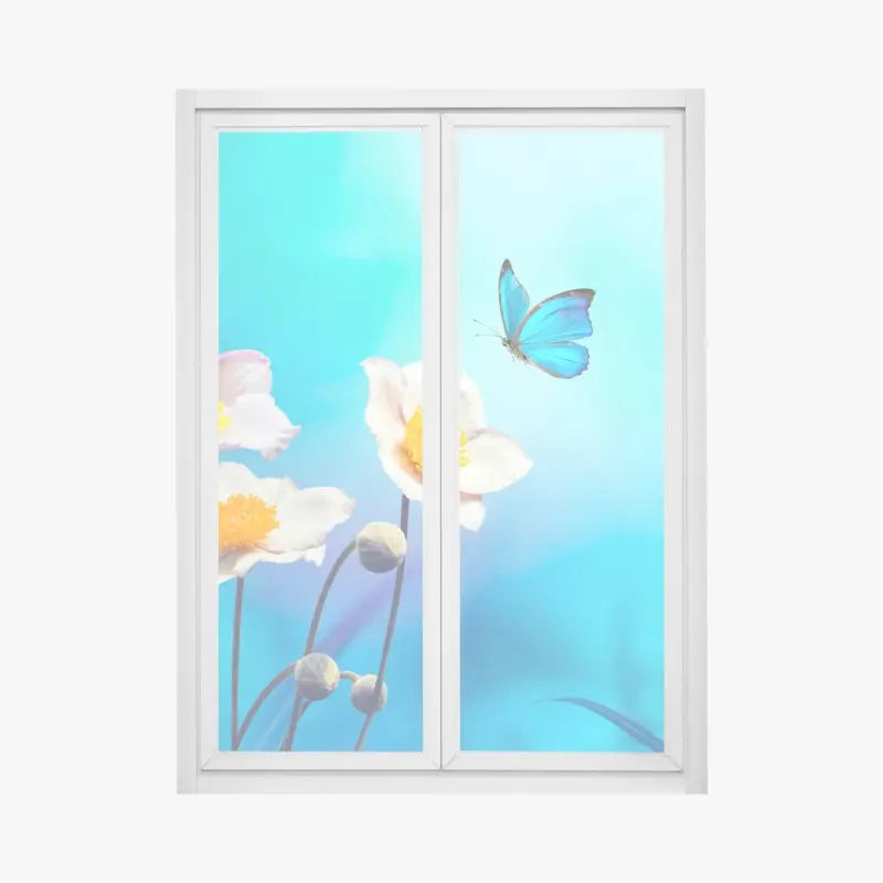 Fensteraufkleber zarte rosa anemonen und blauer schmetterling