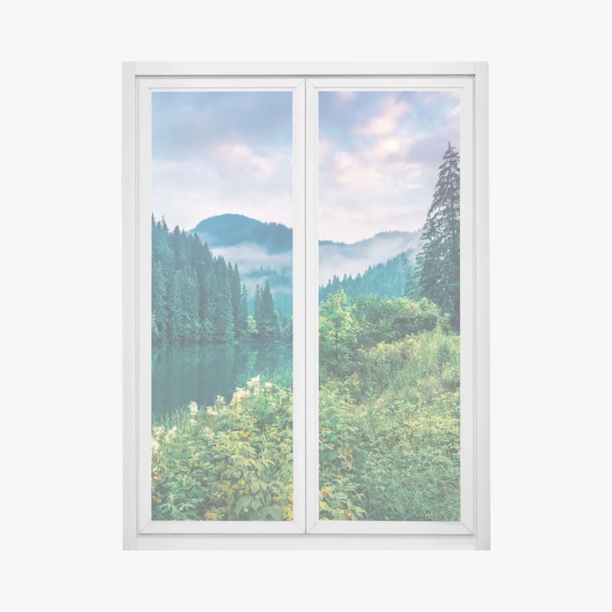 Fensteraufkleber nebliger sonnenaufgang über Lacu Rosu – Pixers®