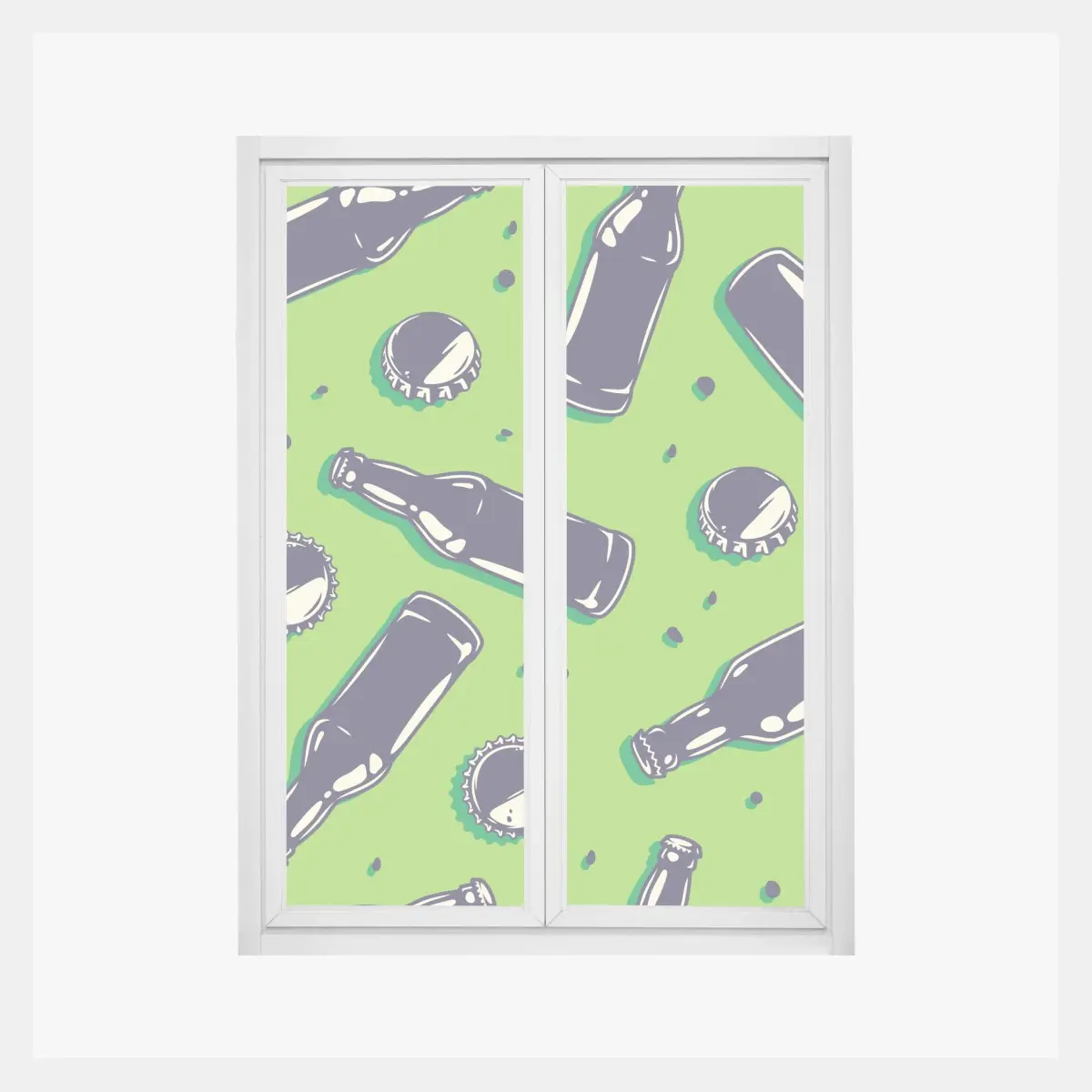 Fensteraufkleber grünes pop-art-muster mit bierflaschen und kronkorken – Pixers®