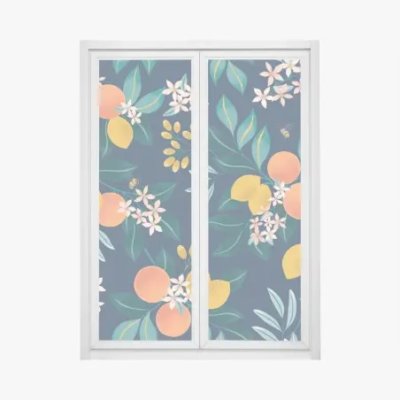 Fensteraufkleber botanisches zitronen- und orangenmuster auf marineblauem hintergrund – Pixers®