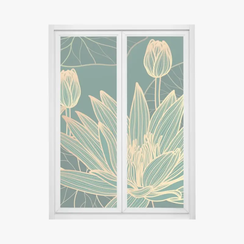Fensteraufkleber goldene lotosblüten auf grünem hintergrund