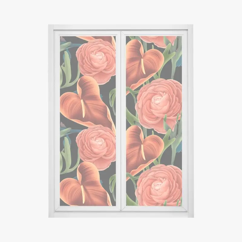 Fensteraufkleber lebhaftes korallenblumenmuster auf schwarzem hintergrund