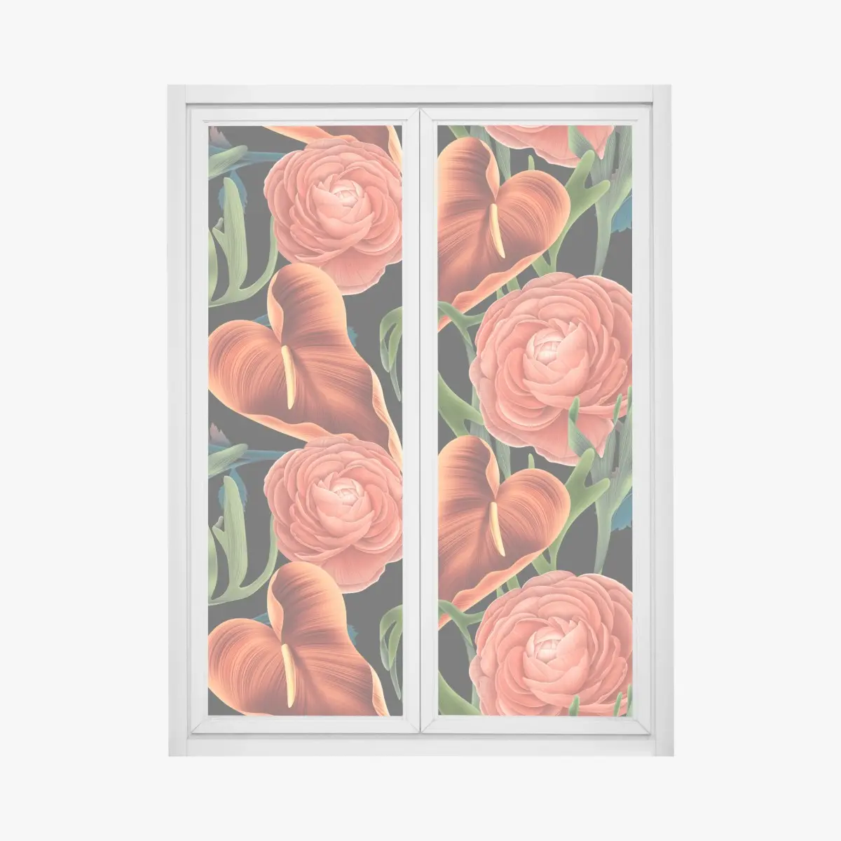Fensteraufkleber lebhaftes korallenblumenmuster auf schwarzem hintergrund – Pixers®