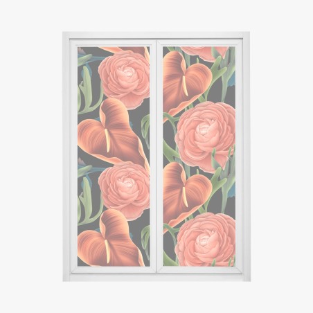 Fensteraufkleber lebhaftes korallenblumenmuster auf schwarzem hintergrund – Pixers®
