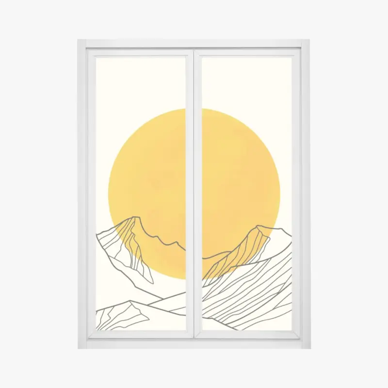 Fensteraufkleber goldene sonne über minimalistischen bergen