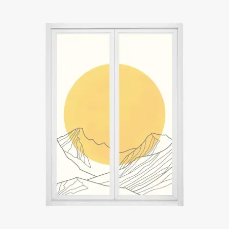 Fensteraufkleber goldene sonne über minimalistischen bergen – Pixers®