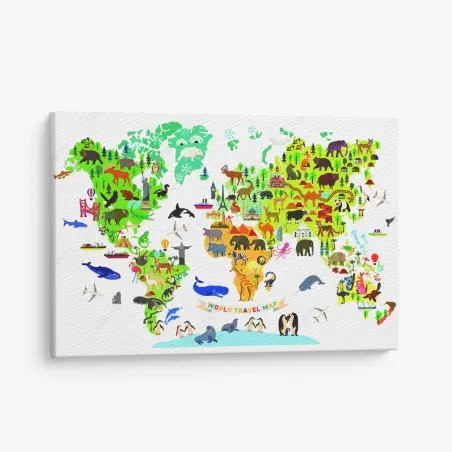 Leinwandbild bunte weltkarte mit tieren – Pixers®