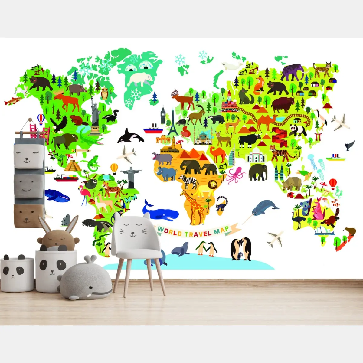 Fototapete bunte weltkarte mit tieren – Pixers®