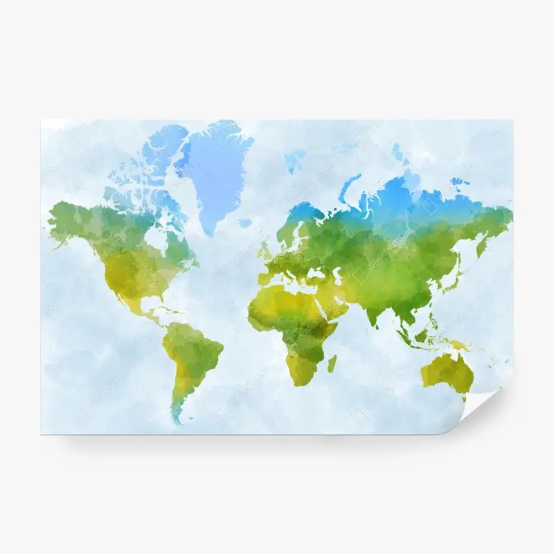 Fototapete aquarell-weltkarte in grün und blau