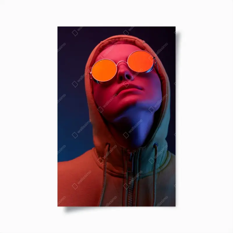 Poster neon-porträt mit runden sonnenbrillen