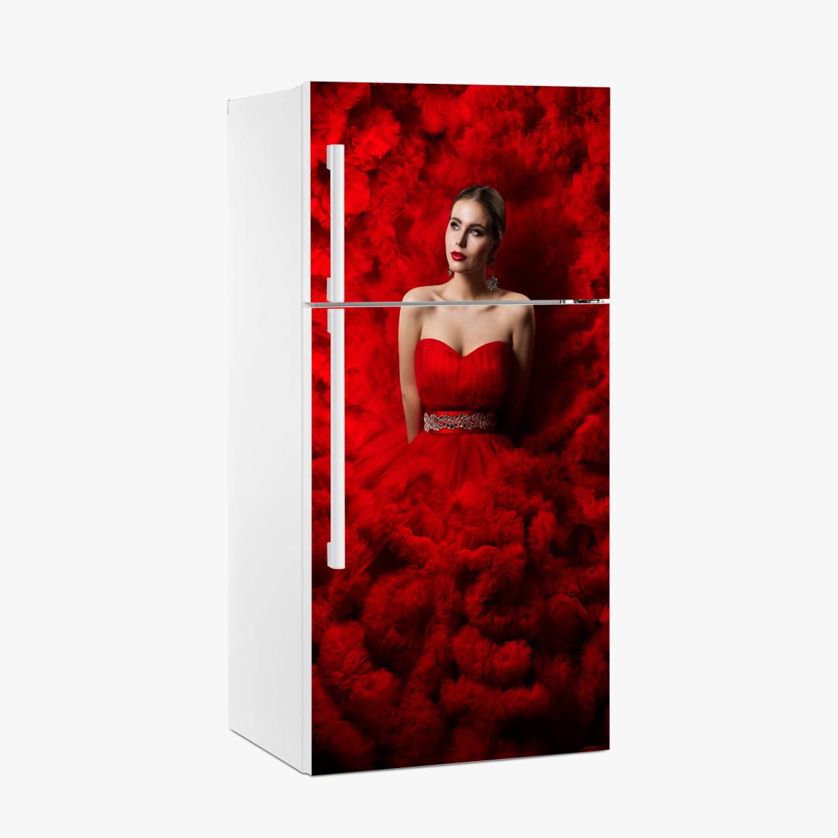 Kühlschrankaufkleber elegantes porträt im roten kleid – Pixers®