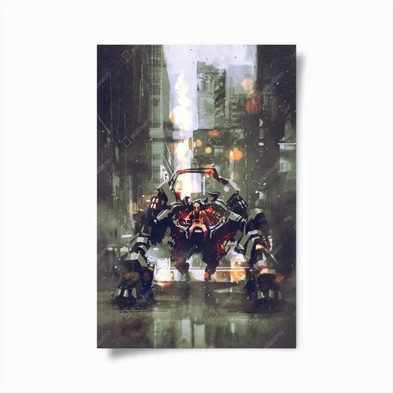 Poster futuristischer mech in neonstadt