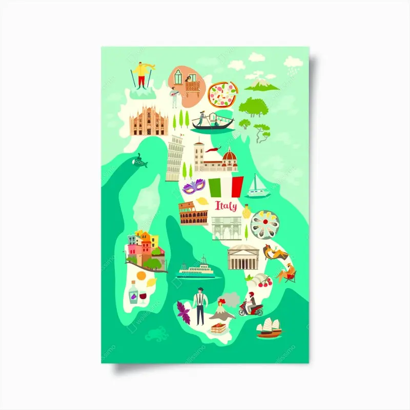 Poster Italien karte mit ikonischen sehenswürdigkeiten