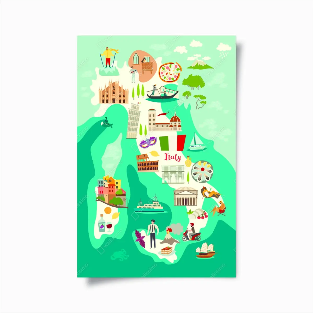 Poster Italien karte mit ikonischen sehenswürdigkeiten – Pixers®