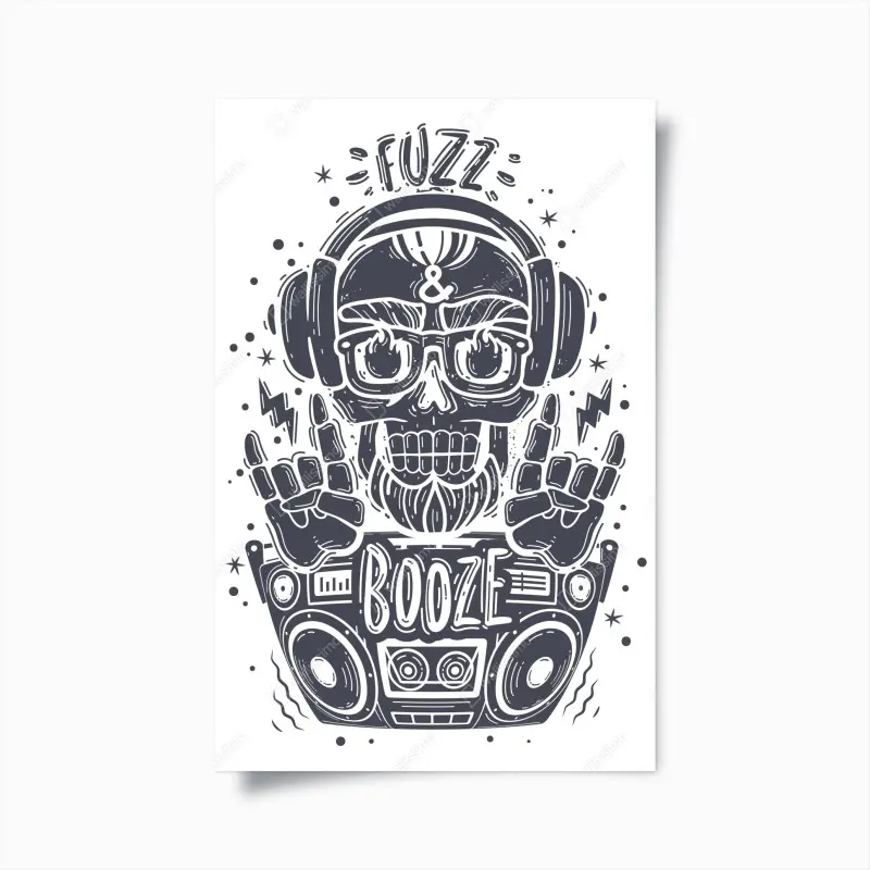 Poster dj-schädel mit boombox und kopfhörern