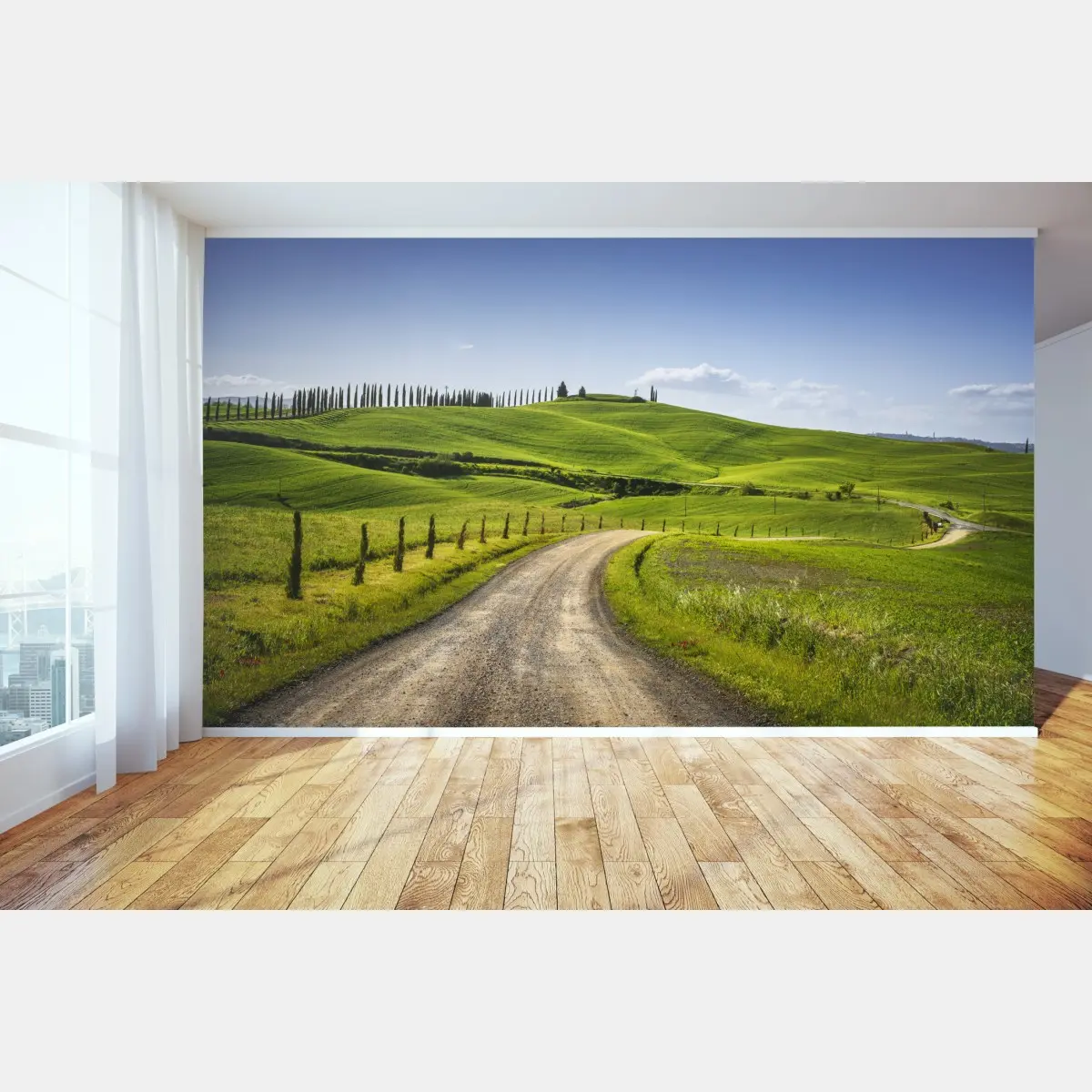 Fototapete ländliche straße in der Toskana durch grüne hügel – Pixers®
