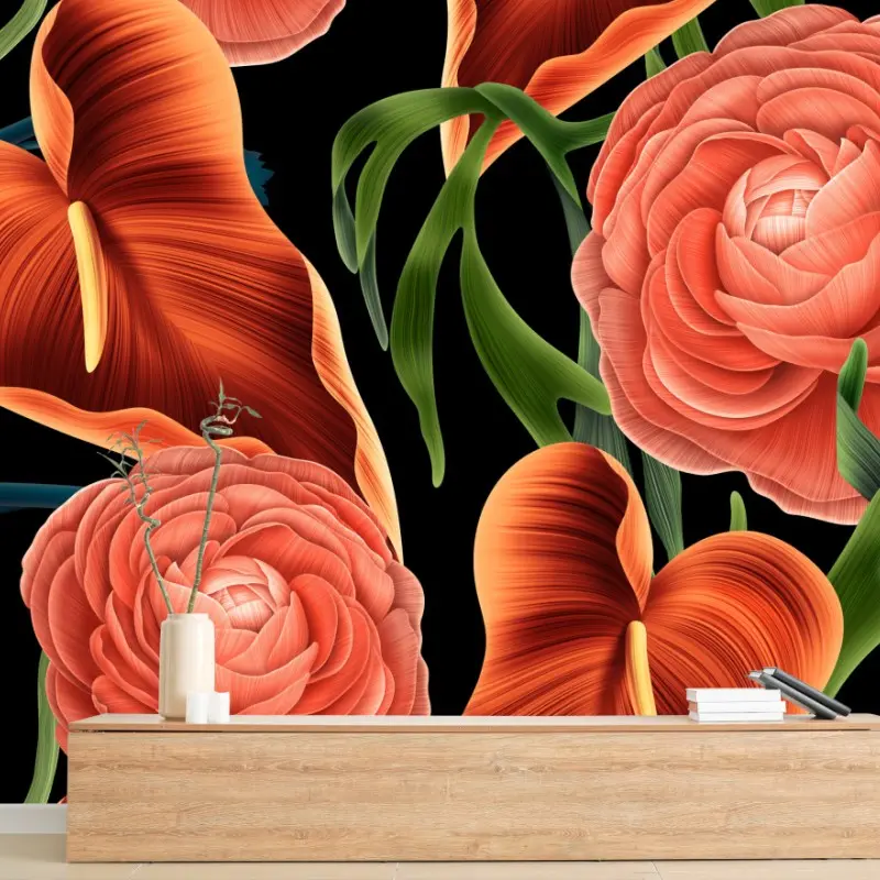 Fototapete lebhaftes korallenblumenmuster auf schwarzem hintergrund