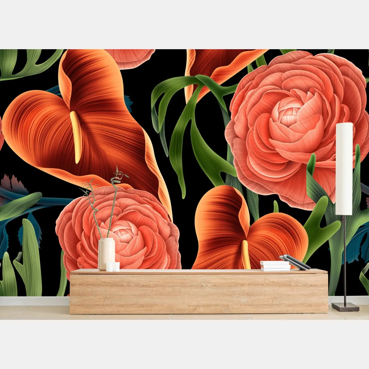 Fototapete lebhaftes korallenblumenmuster auf schwarzem hintergrund – Pixers®