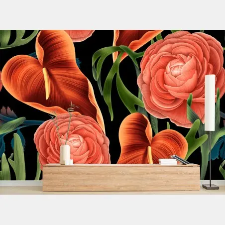Fototapete lebhaftes korallenblumenmuster auf schwarzem hintergrund – Pixers®