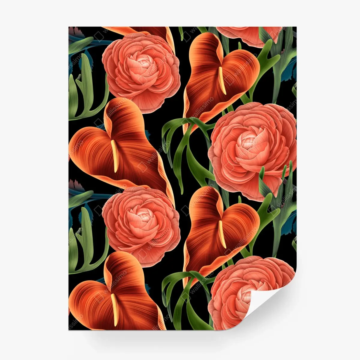 Fototapete lebhaftes korallenblumenmuster auf schwarzem hintergrund – Pixers®