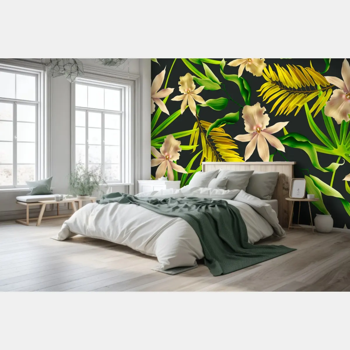 Fototapete tropisches orchideenmuster auf dunklem hintergrund – Pixers®