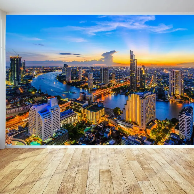 Fototapete lebendige stadtskyline bei dämmerung