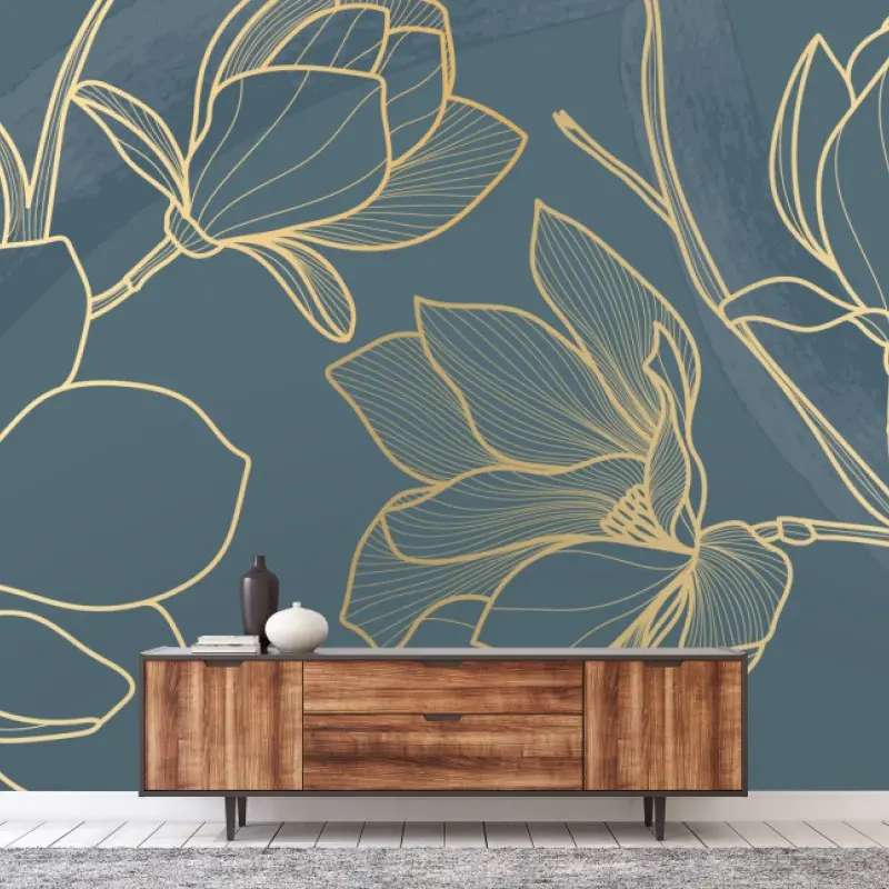 Fototapete goldene magnolie auf türkisfarbenem hintergrund