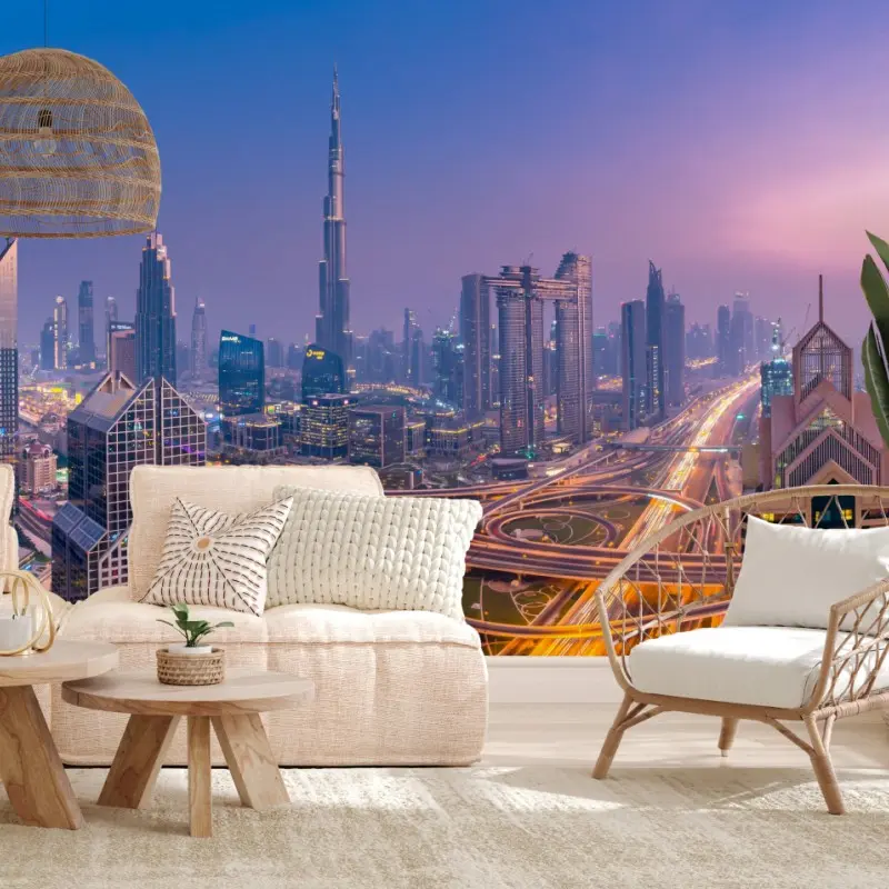 Fototapete panoramablick auf Dubai bei dämmerung