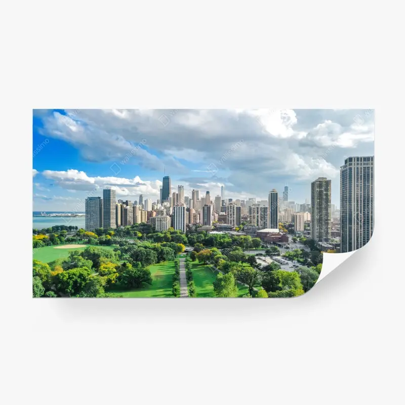 Fototapete stadtpanorama über grünem park