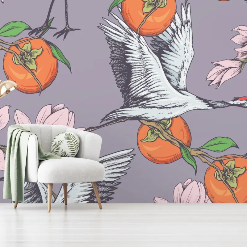 Fototapete anmutige kraniche und kakis mit magnolien