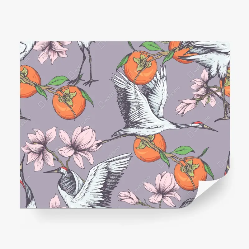 Fototapete anmutige kraniche und kakis mit magnolien