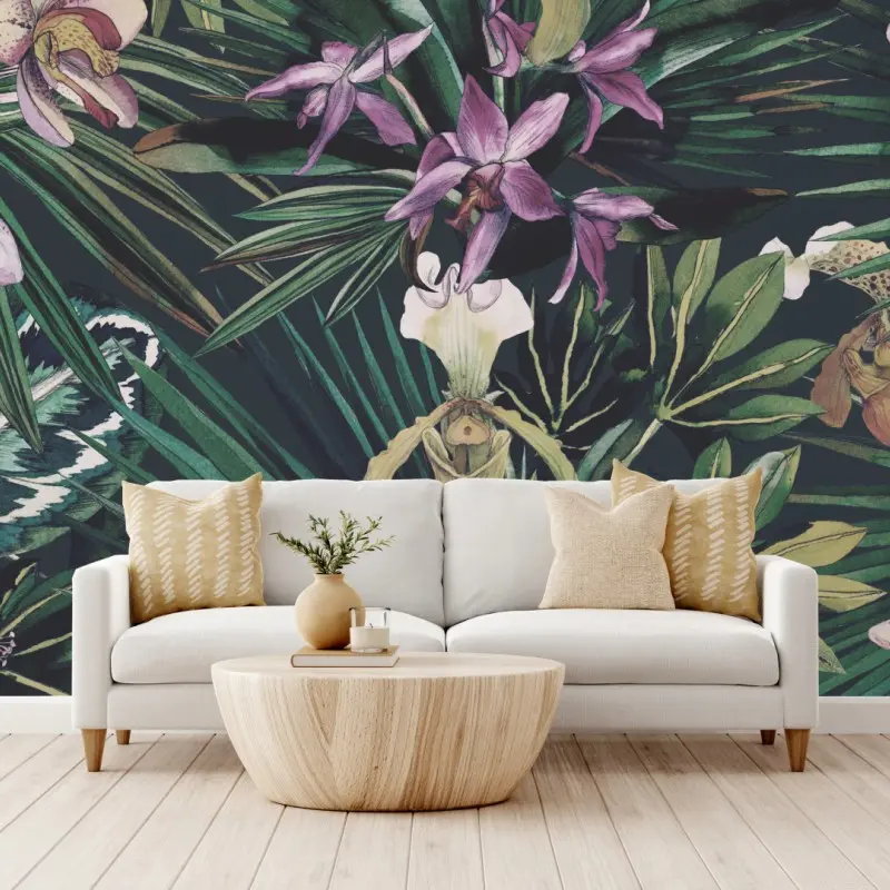 Fototapete tropische orchideen in aquarell und palmblättern