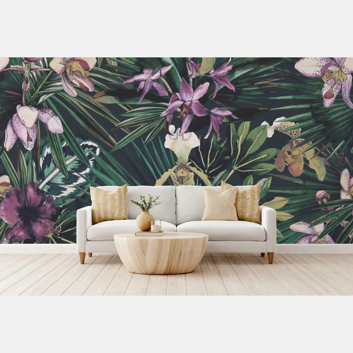 Fototapete tropische orchideen in aquarell und palmblättern – Pixers®