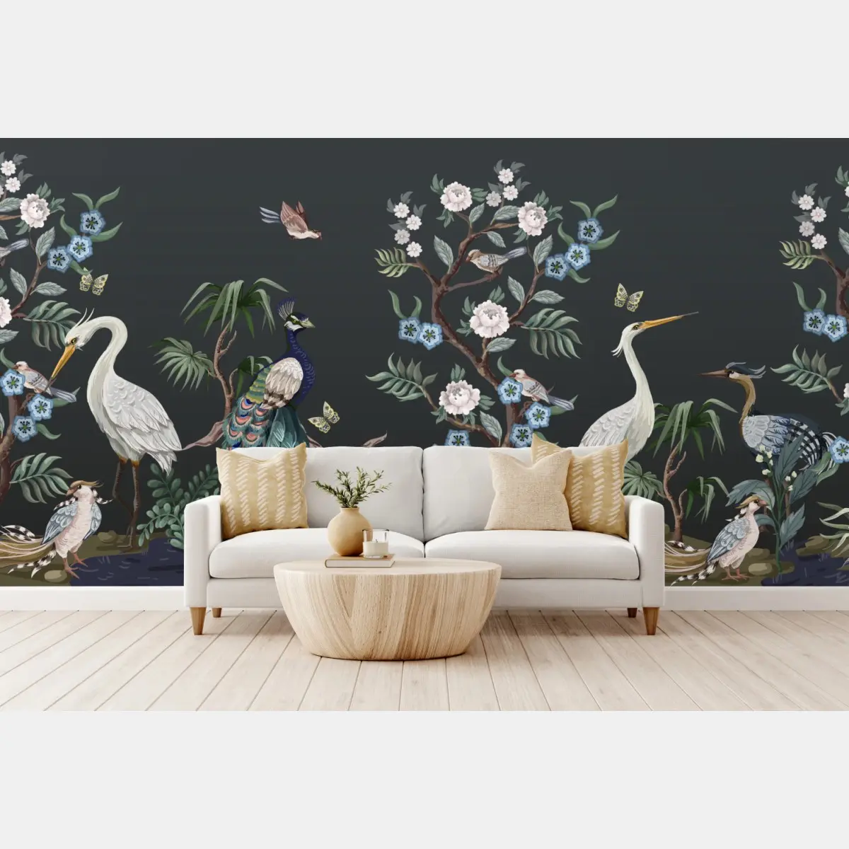 Fototapete pfau und reiher im blumenmuster – Pixers®